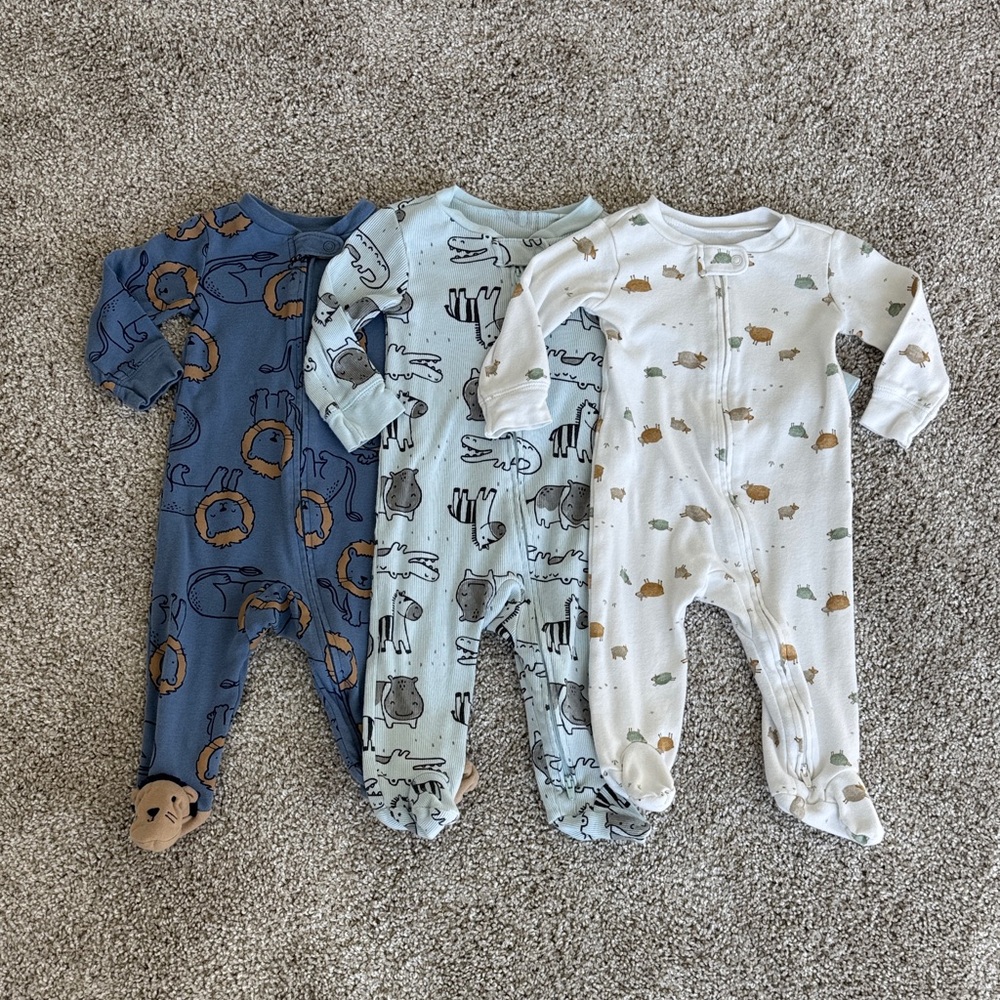 Carters Cozy Animal Print Baby 2-Way Zip Footies Set - Blue, Light Blue, White